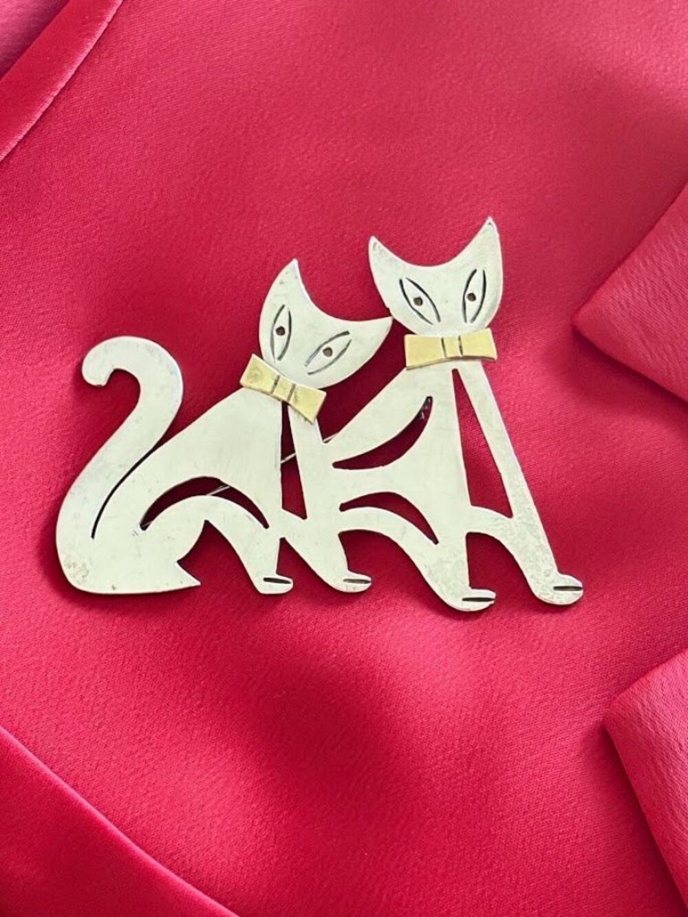 Vintage Taxco Two Trees Sterling Silver Cat Brooch Mexico Juan Sandoval Vázquez